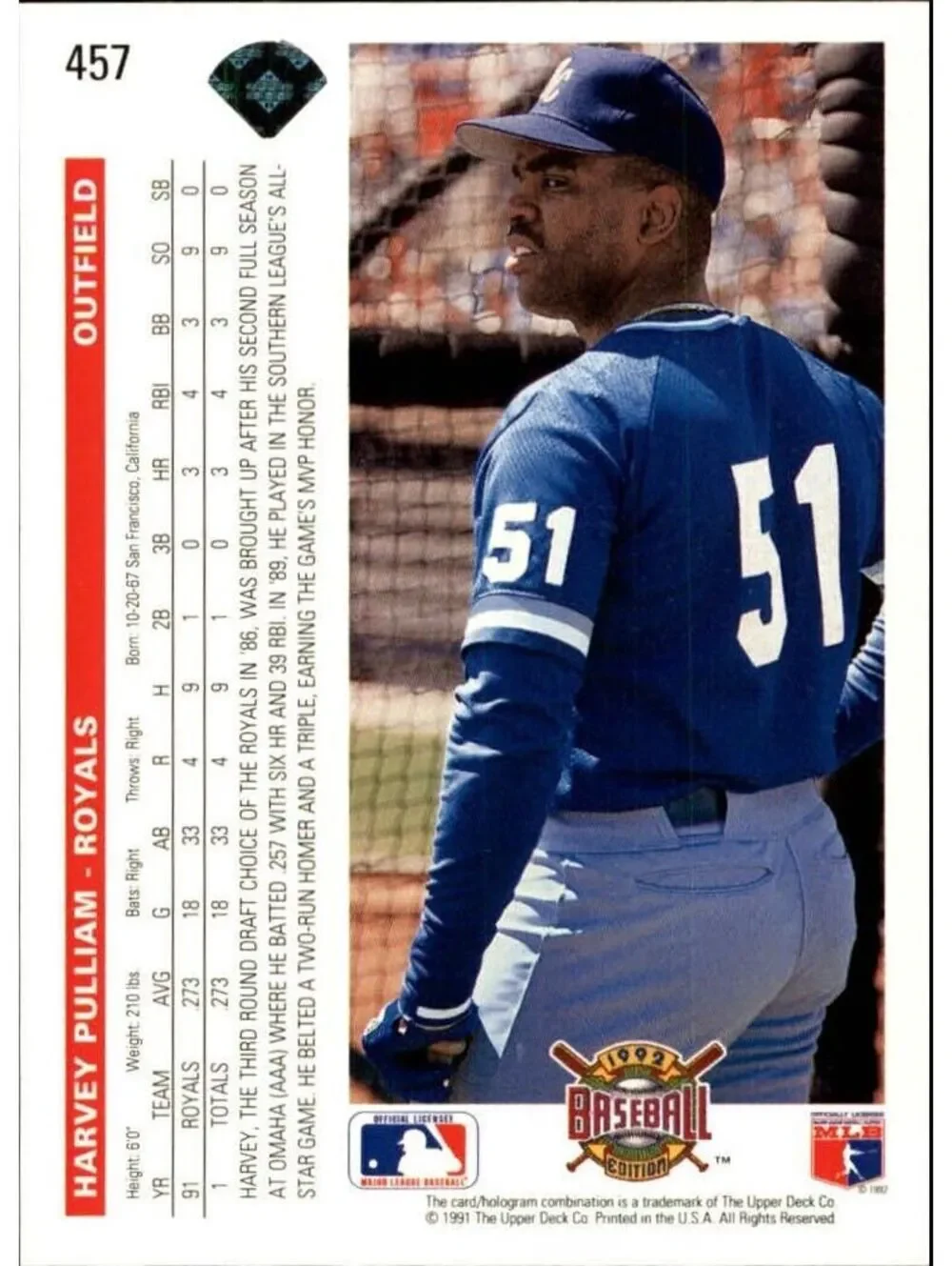 Harvey Pulliam 1992 Upper Deck MLB #457 Baseball Card Kansas City Royals